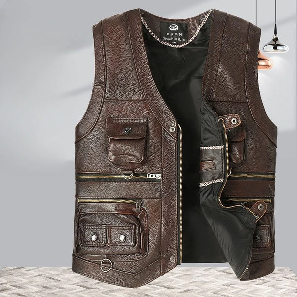 Men's Genuine Cowhide Leather Vest - Slim Fit Multi Pocket Zipper Waistcoat for Spring and Autumn Casual Wear