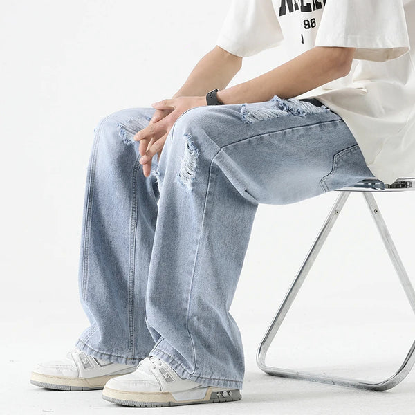 Men's Summer Ripped Jeans Loose Straight Leg Casual Pants