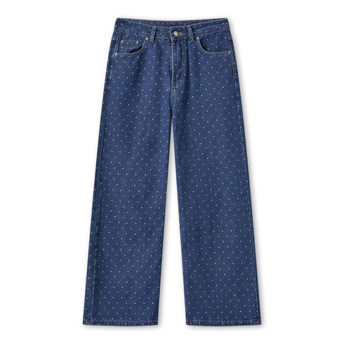 Baggy Dot Print Jeans For Women, Casual Wide Leg Denim Pants With Pockets, Low Rise Comfort Fit