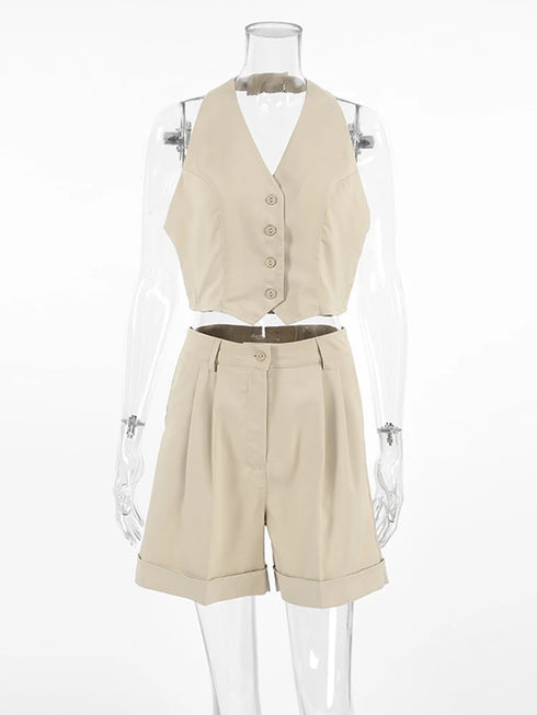 Chic Women's Office Summer Shorts Suit Set - Stylish Sleeveless Halter 2 Piece Outfit for Effortless Elegance