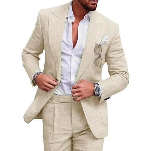Elegant Men's Linen Suit Set - 2 Piece One Button Slim Fit for Smart Casual Events and Year-Round Style