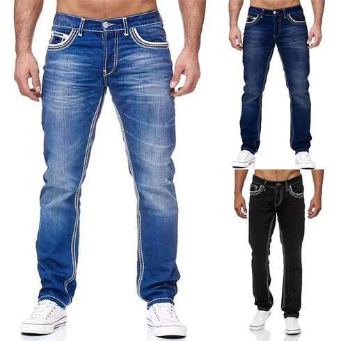 Solid Stretch Denim Straight Jeans for Men - Casual Business and Daily Wear Trousers
