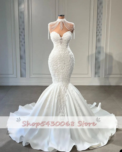 Princess Tassels Sheer Neck Mermaid Wedding Dress Gowns