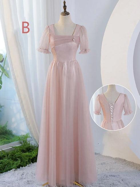 V-Neck Ruched Tulle A-Line Dress With Square Collar And Appliques And Bow Bridesmaid Dress