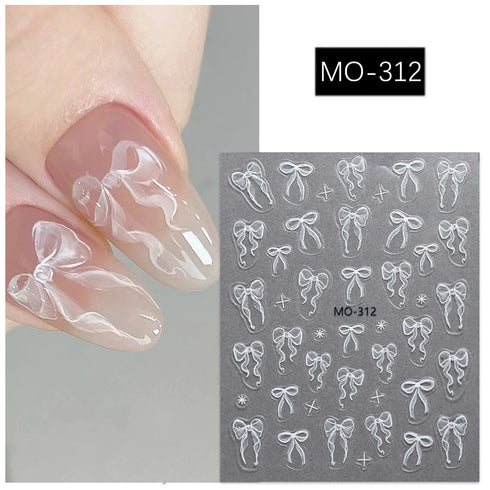 5D Embossed Nail Art Stickers - Semi-Transparent White Bowknots Adhesive Sliders for Creative Manicure Decorations and Nail Art Accessories