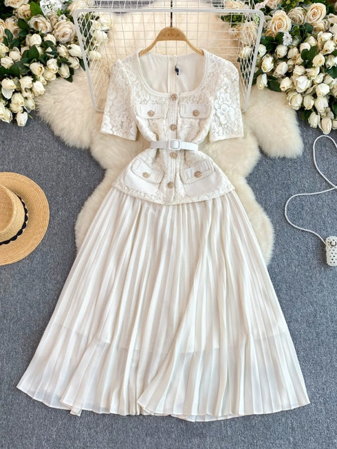 Runway Spring Pleated Chiffon Lace Party Long Dress Midi Dresses