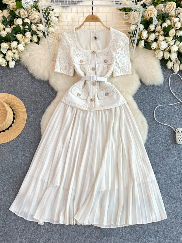 Runway Spring Pleated Chiffon Lace Party Long Dress Midi Dresses