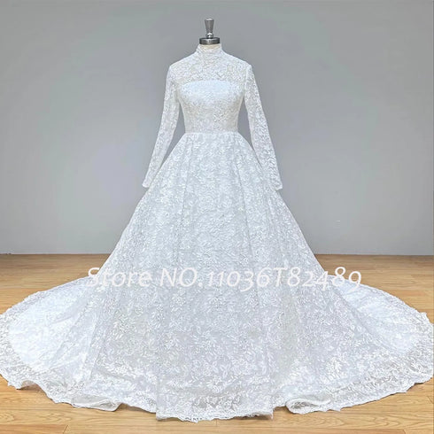 Hire Lnyer High Neck Zipper Back Lace Ball Gown Wedding Dresses