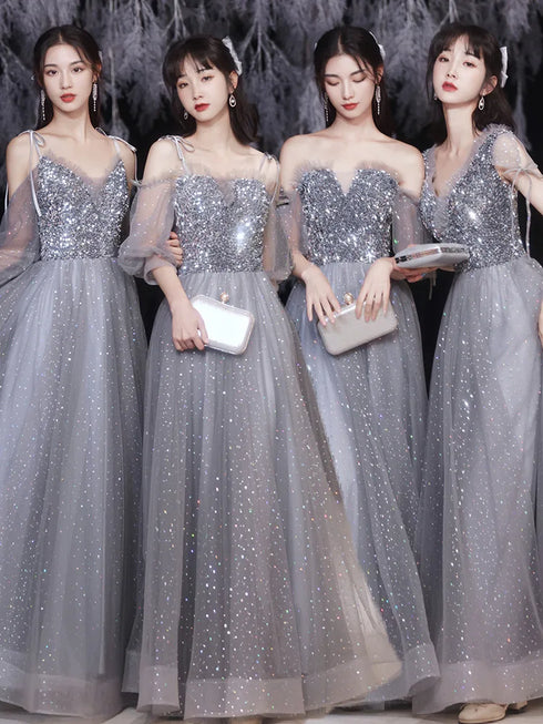 Off Shoulder Lace Illusion A Line Dress Floor Length Glitter Tulle Bow Bridesmaid Dress