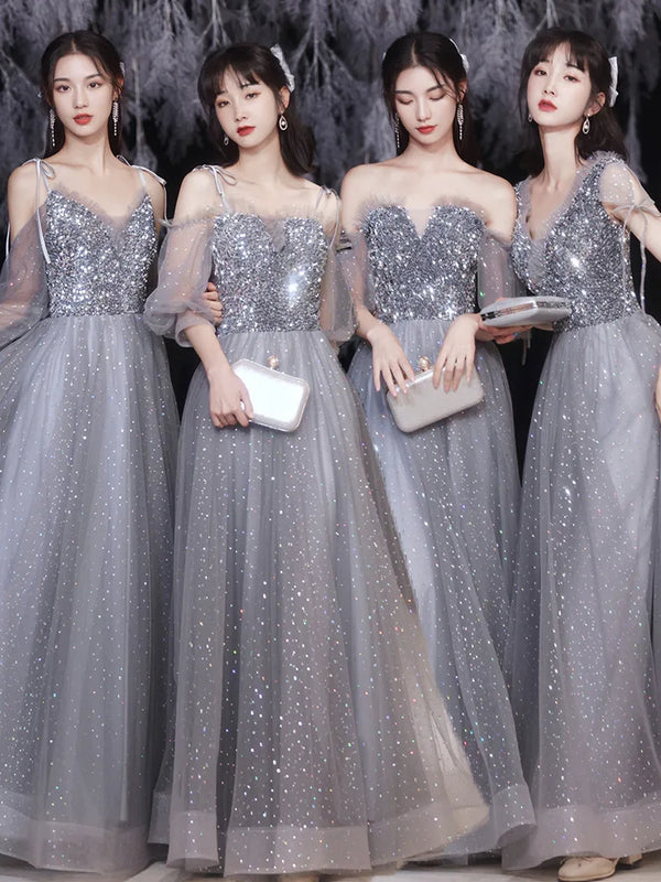 Off Shoulder Lace Illusion A Line Dress Floor Length Glitter Tulle Bow Bridesmaid Dress