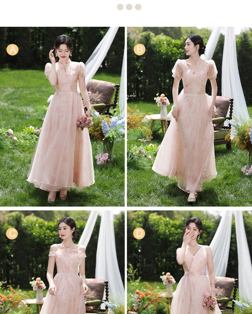 Off Shoulder Bridesmaid Dress Elegant Bubble Sleeve Floral Print Aline Gown For Party