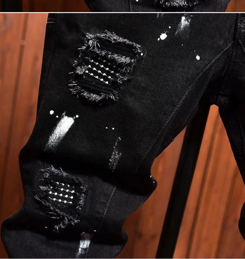 Retro Ripped Black Stretch Jeans Men's Casual Comfort Pants