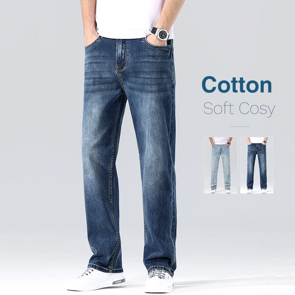 Pure Cotton Elastic Men's Casual Jeans Wide Leg Pants Trousers