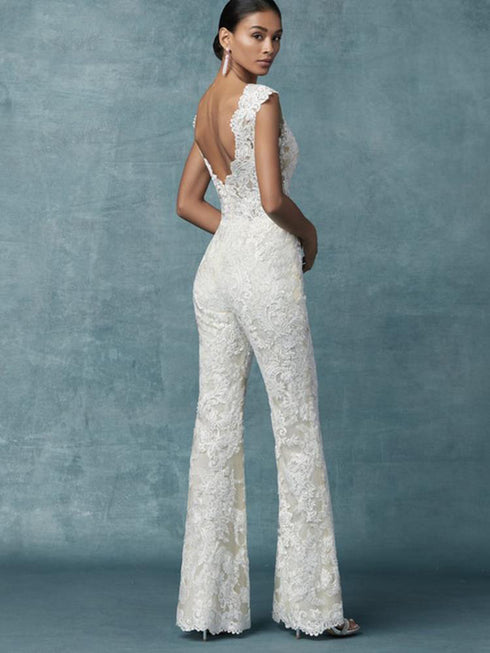 Jumpsuit Wedding Dresses With Detachable Train Bride Pants Suit Lace Appliqued Sleeveless Women Brides Outfits Backless 2023