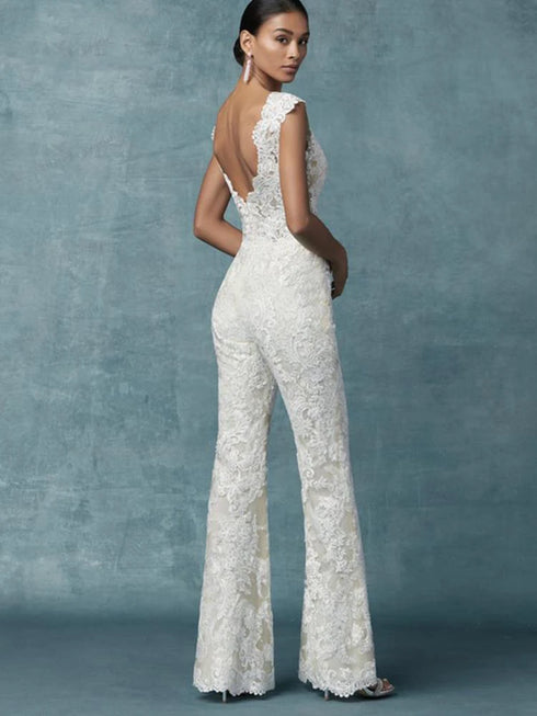 Jumpsuit Wedding Dresses With Detachable Train Bride Pants Suit Lace Appliqued Sleeveless Women Brides Outfits Backless 2023