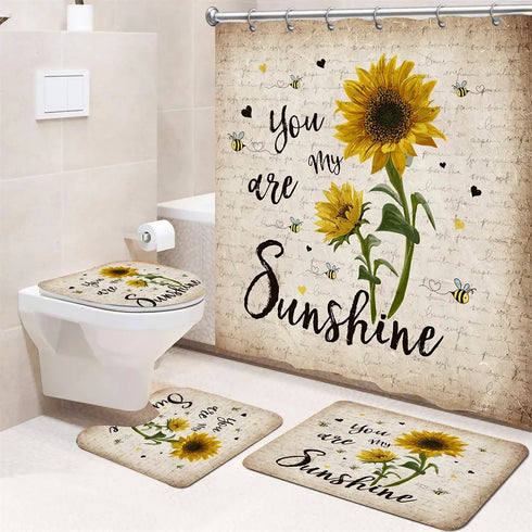4 Piece Doormat Shower Curtain Set with Non-Slip Rugs Toilet Seat Cover and Bath Carpet for Bathroom Decor