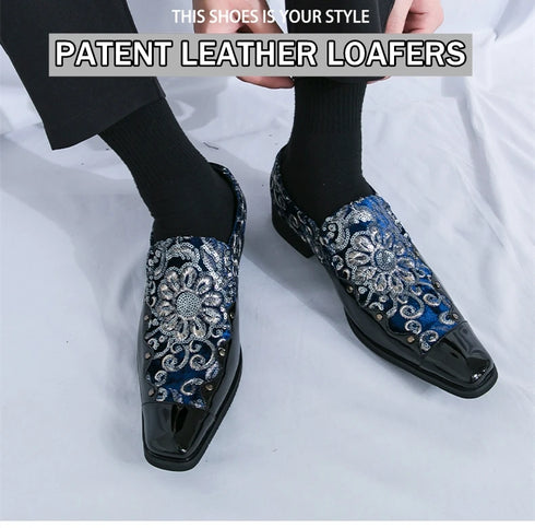 Luxury Patent Leather Loafers for Men - Designer Comfortable Embroidery Shoes Perfect for Wedding and Party, Breathable Formal Dress Footwear in Plus Sizes