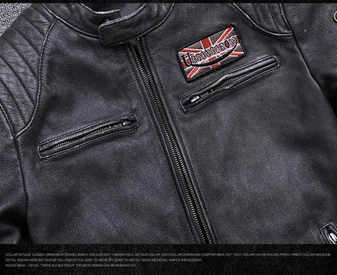 Vintage Genuine Leather Biker Jacket for Men – Slim Fit Cowhide Motorcycle Outerwear with Pockets and Embroidery Details for All Seasons