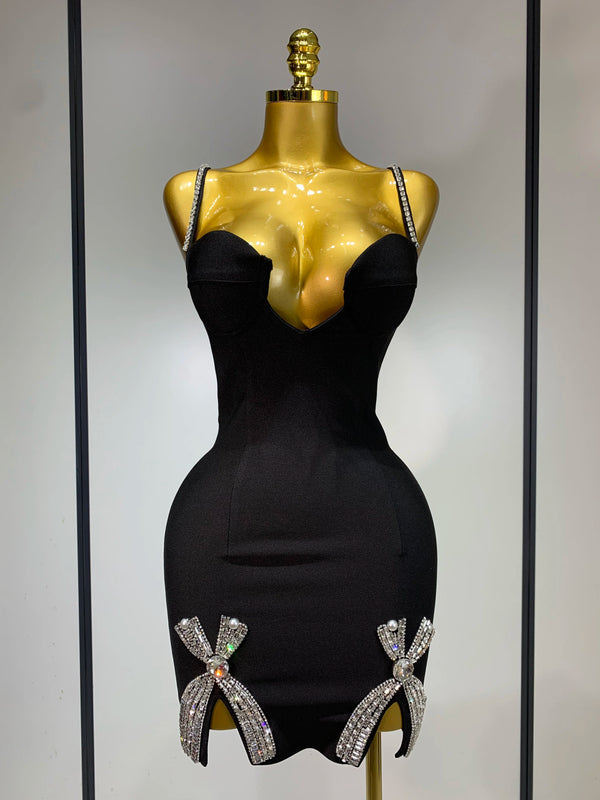Women Celebrity Sexy V Neck Beaded Mini Bodycon Bandage Dress Luxury Evening Club Party Dress