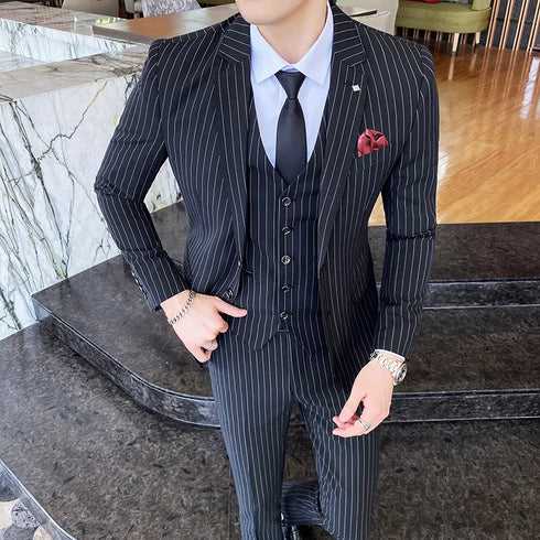 ( Jacket + Vest + Pants ) Prom Groom Tuxedos Male Wedding Suits 3Pcs Set Men's Striped Casual Business Suit