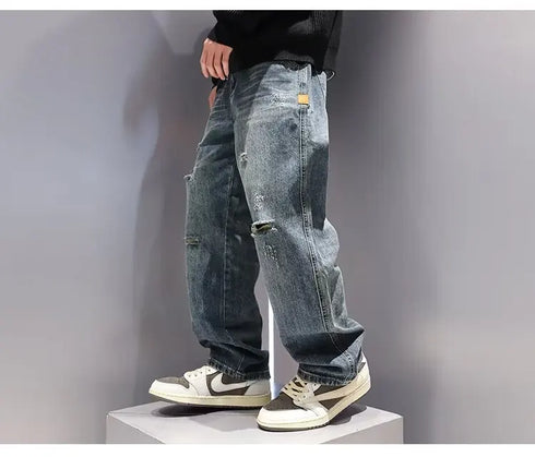 Ripped Jeans Baggy Straight Fit Denim Pants Mens Jeans Streetwear Hip Hop
