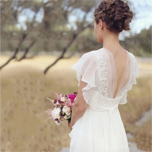 Boho V Neck Wedding Dress Aline Backless Floor Length Chiffon Gown with Built In Bra Maternity Friendly