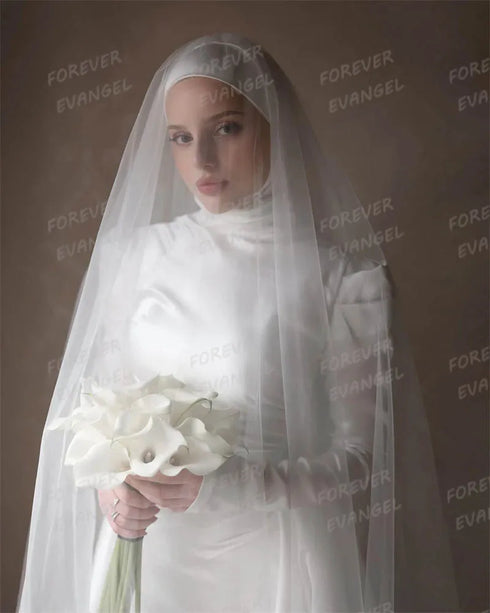 Luxury Muslim Wedding Dresses Mermaid Long Sleeve Satin Bride Gowns Elegant Customized