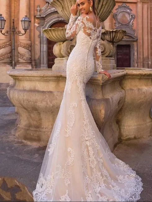 Luxury Mermaid Wedding Dresses O-neck Long Sleeve Appliques Lace Gowns