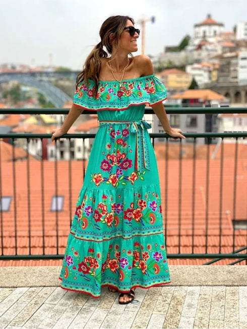 Elegant One-shoulder Short-sleeved Dress For Women Fashion Splicing Floral Print Dresses
