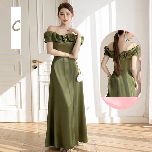 Backless Satin Sleeveless Ankle-Length Evening Dress for Bridesmaid Dress with Built-In Bra and Bow