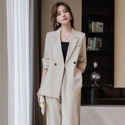 Elegant Women's Casual Blazers Coat and Wide Leg Pants Set - Professional Two Piece Suit for Autumn Style and Comfort