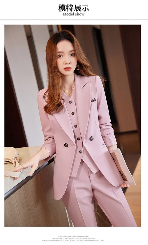 Chic Korean Fashion Women's 3-Piece Blazer Suit Set with Long Sleeve Vintage Jacket and Vest + Slim Straight Pencil Pants for Elegant Business Outfits