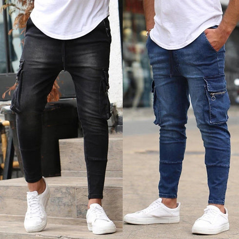 Men's Slim Fit Stretch Jeans Multi Pocket Cargo Trousers