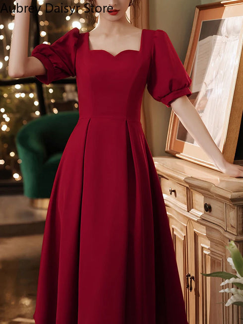 Elegant Red Midi Dress Women Summer Vintage Evening Party Dress Casual Fashion Formal Occasions One Piece Dress