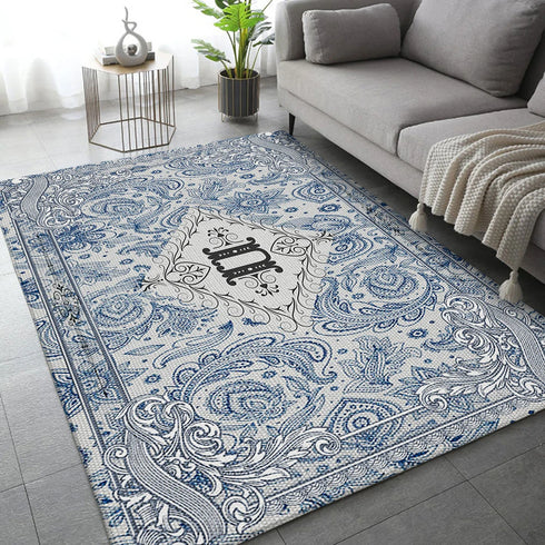Classical Elegant Blue Rug for Retro Living Room and Bedroom Carpet Decoration