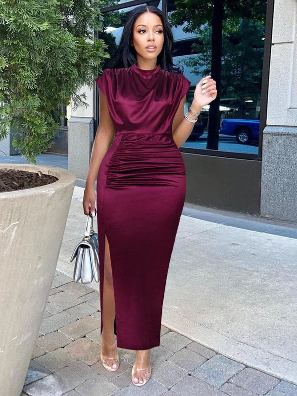 Women Dress Pleated Long Elegant Slit High Collar Maxi Gowns Party