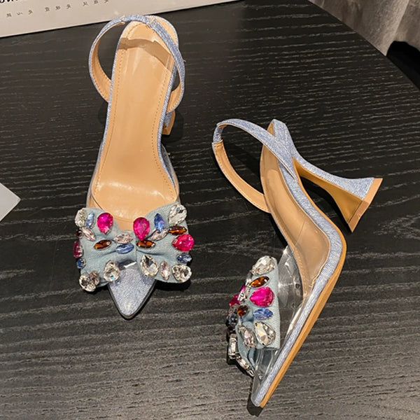 Stylish Denim Bowknot Crystal Pumps for Women - Elegant Party Heels