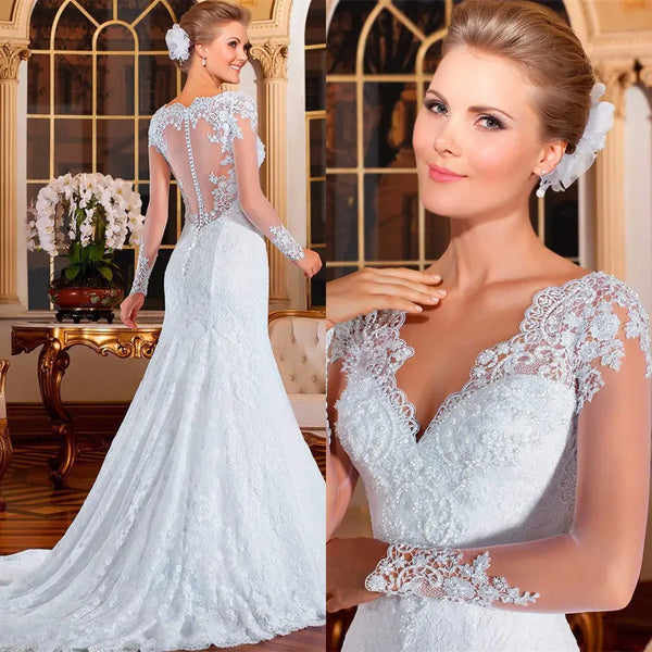 Europe Mermaid Wedding Dress M03 Small Pearls Beaded Lace