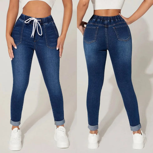 Autumn and Winter Women's Stretch Elastic Waist Jeans Fashion Skinny Ankle-Length Denim Pants