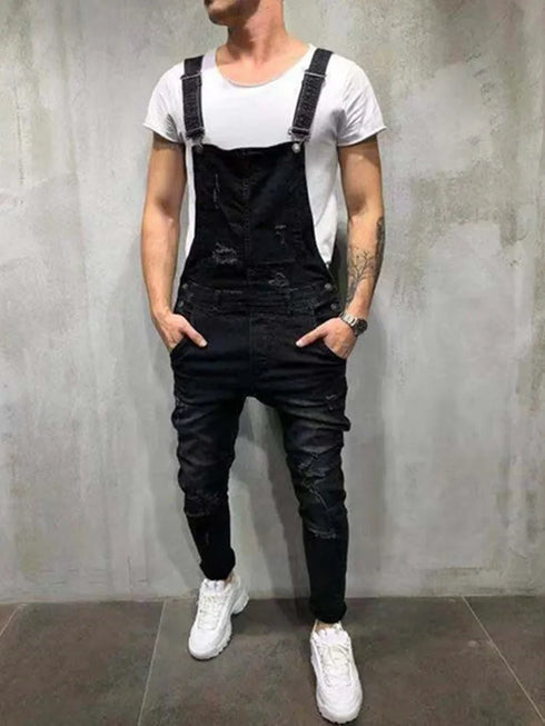 Fashionable Men's Ripped Denim Overalls - Trendy High Street Cargo Bib Jumpsuits for Hip Hop Style and Casual Outfits