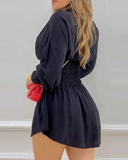 Fashion Women Casual Shirred Lantern Sleeve Buttoned Shirt Dress