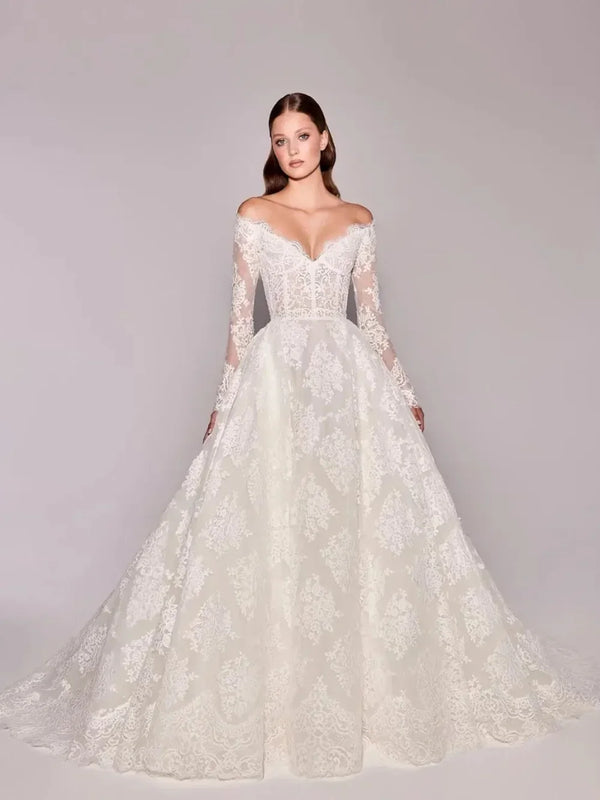 Elegant Floral Applique V Neck Long Sleeve Lace Up Back Ball Gown Floor Length Wedding Dress