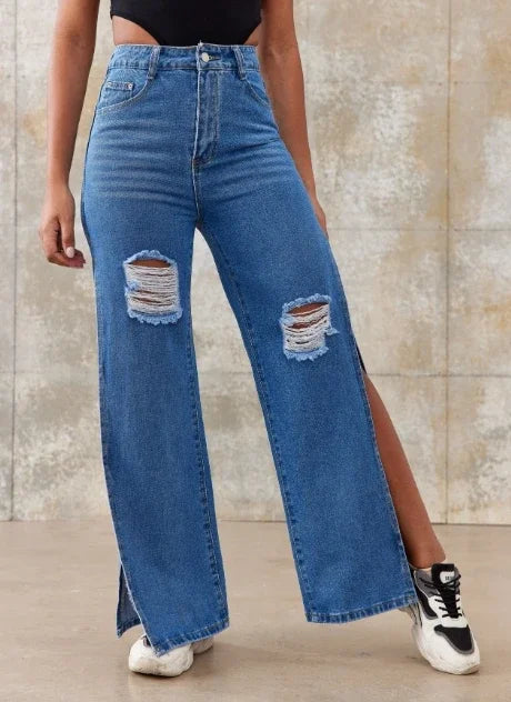High Waist Side Slit Jeans With Button Front Pockets Women Jeans