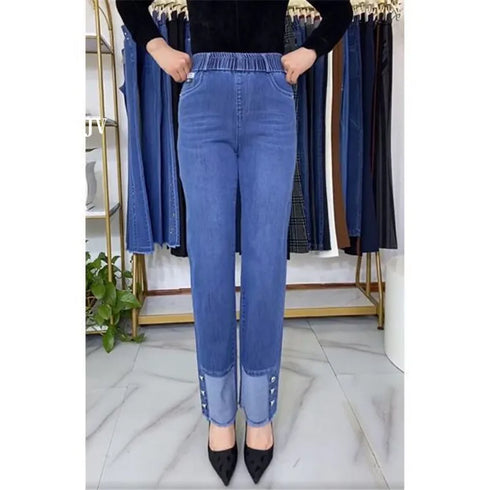 Elastic Waist Jeans For Women High Waist Wide Leg Denim Pants Loose Fit Casual Trousers