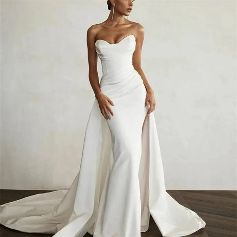 Chic White Satin Mermaid Wedding Dresses with Long Train