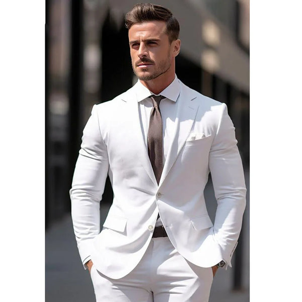 Elegant White Men Suits Formal Groom Full Set Single Breasted Jacket Pants Costume