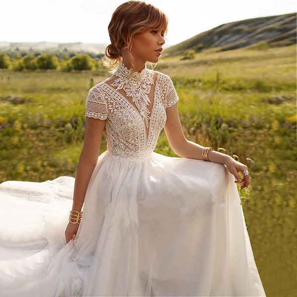 Boho Wedding Dress Lace Tulle Aline Backless High Collar Vintage Bridal Gown for Bohemian Weddings