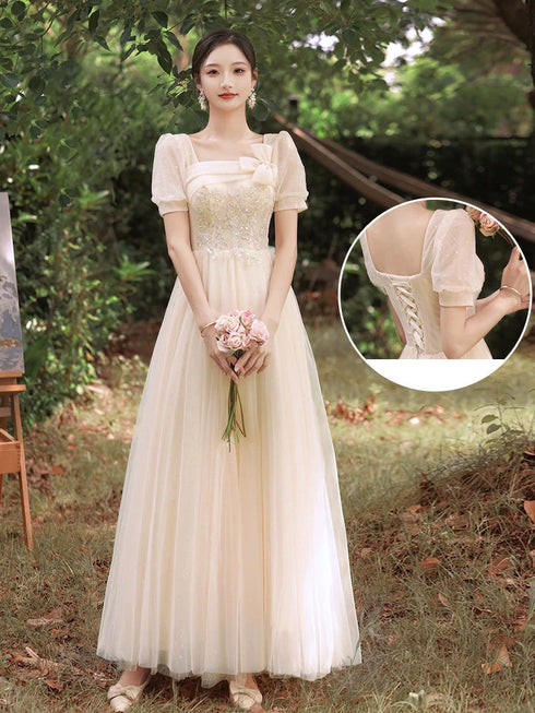 Bridesmaid Dress With Square Neck And Bow Ankle Length Organza With Floral Appliques Bridal Gown Style
