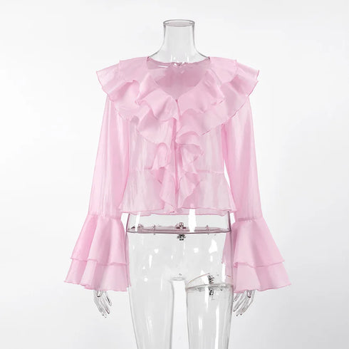 Summer Ruffle V Neck Long Sleeve Tops Casual Party Tees for Women
