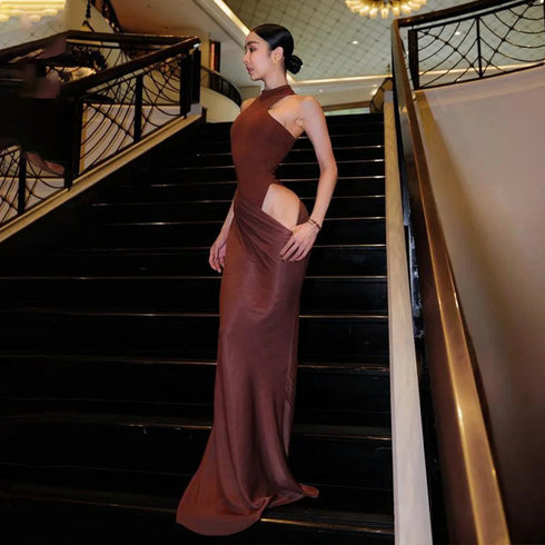 JULISSA MO Satin Sexy Hollow Out Maxi Dress for Elegant Parties